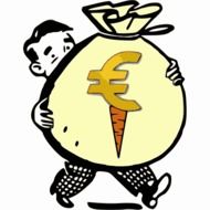 cartoon man carries bag with Euro sign and carrot drawing