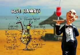 blue hawaii cocktail recipe with the sandy beach landscape