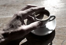 hand on a cup with coffee close-up