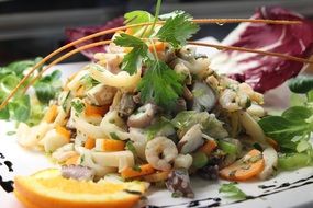 salad with different seafood on a plate close-up