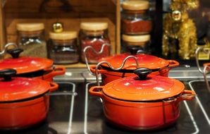 orange pots in the kitchen