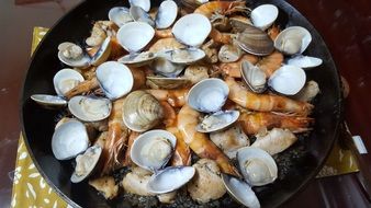 clams and mussels on a black plate