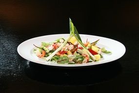 restaurant salad with spring onions on a black surface