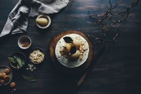 dessert with decoration and pears