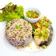 plate of food with rice and fish