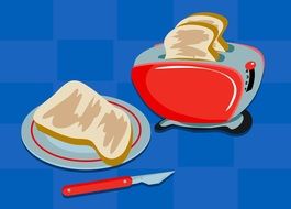 drawn toaster, sandwich on a plate and a knife