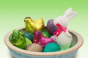 decorative easter eggs, bunnies and chickens