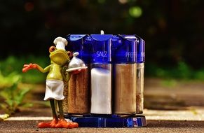 frog cook near spices on blurred background