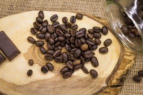 coffee beans and chocolate on a wooden plate
