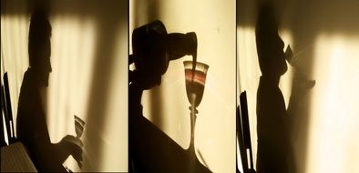 collage shadow man pours and drinks wine