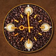 Coffee Time, clock face above Coffee Beans and cups, digital art