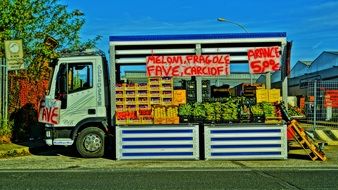 Fruit and Vegetables sale on colorful truck, italy, marina di massa