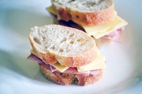 bread with ham and cheese on a white plate close up