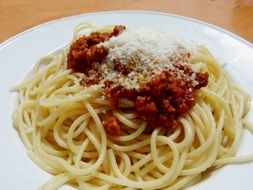 spaghetti with meat sauce on a white plate