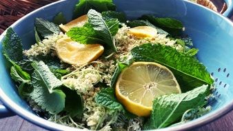 fresh ingredients for elderflower syrup in bowl