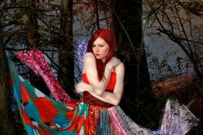 beautiful Girl in colorful dress Forest Autumn view