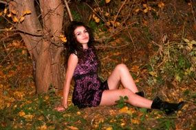 brunette Girl in purple dress Forest Wild Autumn
