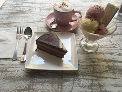 Piece of cake,different varities of the ice cream and the coffee