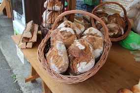 Fresh Bread in weaved Basket, rustic still life