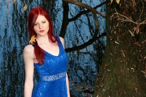 Girl in blue dress Autumn Forest Lake view