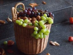 black, white grapes and nuts in a wicker basket