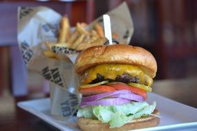 hamburger and french fries on a plate in a restaurant