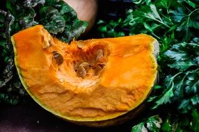 pumpkin on green leaves close-up