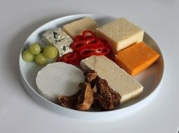 Cheese, vegetables and Fruits on plate