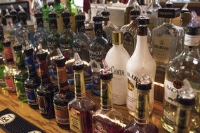 rumchata, decuiper, jacquin, brandy, liqueur, disaronno, jamson, absolute vodka, malibu, terrier gin, gentleman jack are on the shelves in the city bar