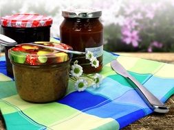 jars with Homemade Jam on table outdoor