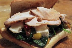 Pork and Spinach and Brie and Mushroom on a sandwich