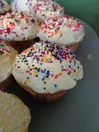 Cupcakes with colorful Sprinkles on white frosting