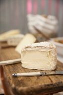 piece of cheese on a wooden board