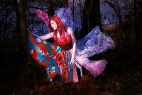 mystic red haired Girl in dark forest