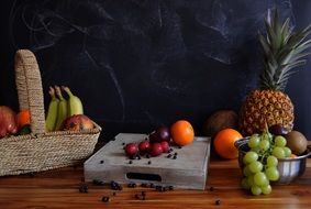 exotic fruits in baskets on the table