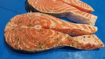 marinated salmon steaks on a plate