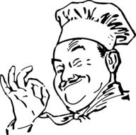 Black and white drawing of the winking chef cook
