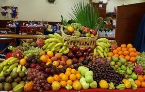 Grapes,oranges,bananas and other fruits in the buffet