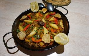 Vegan Paella in pan, Spanish cuisine
