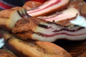 smoked bacon on a store counter