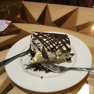 Chocolate cake with the cream on the white plate