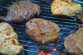meat is fried on barbecue in summer
