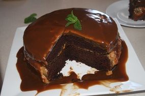 chocolate cake on a white tray