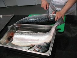restaurant kitchen Salmon without head