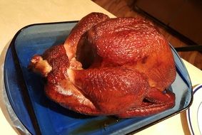 smoked turkey in a blue dish