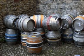 aluminum beer barrels on the street