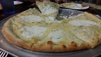 pizza with white cheese on a plate close-up