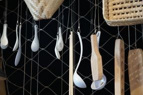 dishes hanging on the ceiling