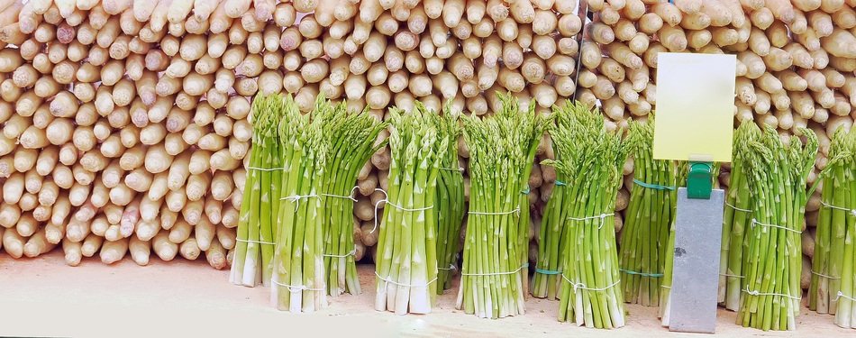 bunches of asparagus on the counter