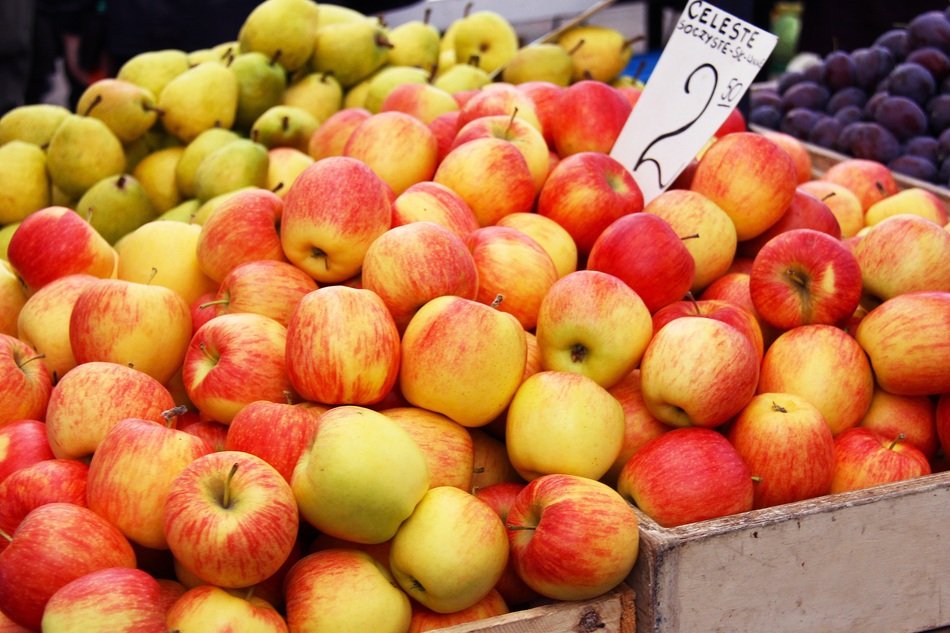 ripe apples for sale close-up on the market in Krakow